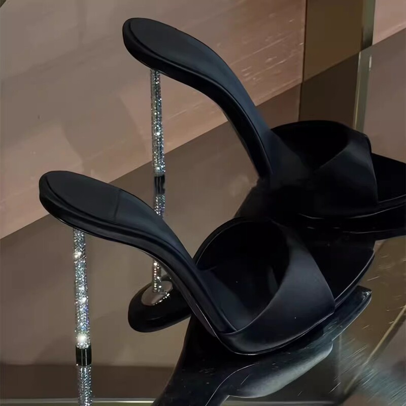 Rhinestone High Heels for Women, Black Satin Peep-Toe Super Shiny Pointed Toe Stiletto Sandals, Sexy Crystal Slippers for Outdoor Wear