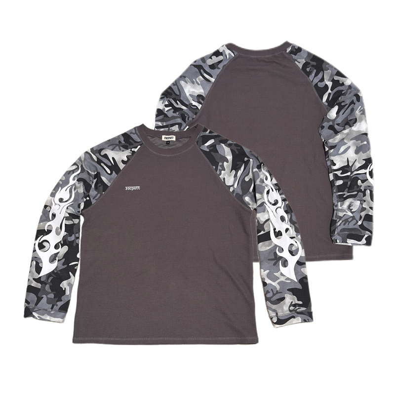 Focpatt Waffle Snow Camouflage Flame Print Street Raglan Long Sleeves