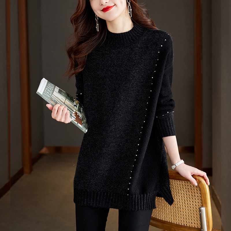 Plus-Size Loose Mid-Length Sweater That Covers the Buttocks for Women, Thick Woolen Sweater for Autumn and Winter, Half-High Collar Knitted Base Shirt