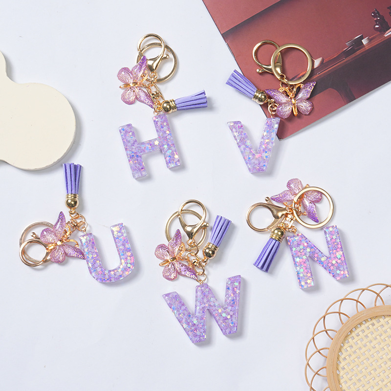 A-Z English Alphabet Resin Keychain Purple Butterfly Tassel Pendant Women's Bag Pendant Car Keychain