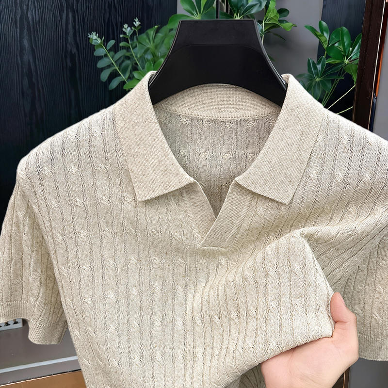 Tencel Linen Seagull Collar Polo Shirt for Men, Summer Cable Knit Breathable Casual Versatile High-End Short-Sleeve T-Shirt Trendy Tencel Linen Seagull Collar Polo Shirt for Men, Summer Cable Knit Breathable Casual Versatile High-End Short-Sleeve T-Shirt Trendy