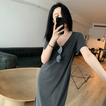 Art Raw Dresses Fairy slim section High Dingfa Tea Break Grey Casual Straight Silo Long Skirt T-shirt Dress Lady Summer