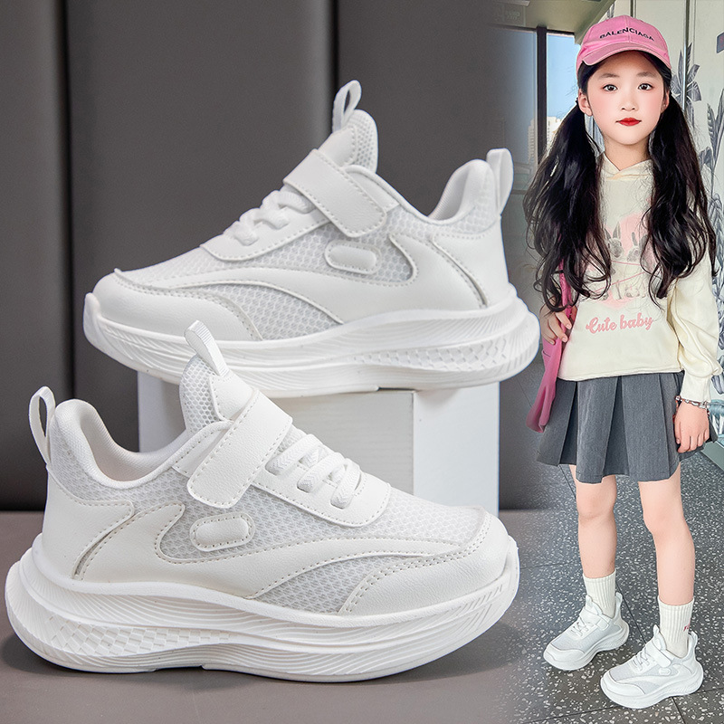 Children's White Shoes with Velcro, Running Shoes for Boys and Girls, Breathable Mesh, Medium and Large Children's Sports Shoes, Casual Running Shoes, Lightweight