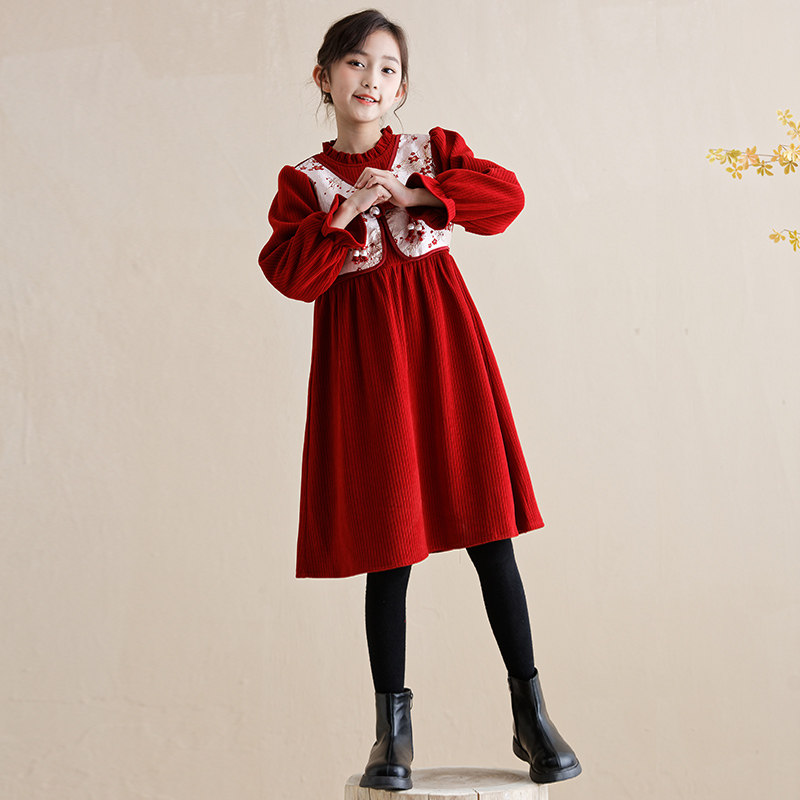 Girl's dress Dress Autumn Winter 2023 New Girl Red Dress Winter Chinese Wind Princess Skirt Foreign Air-Taobao