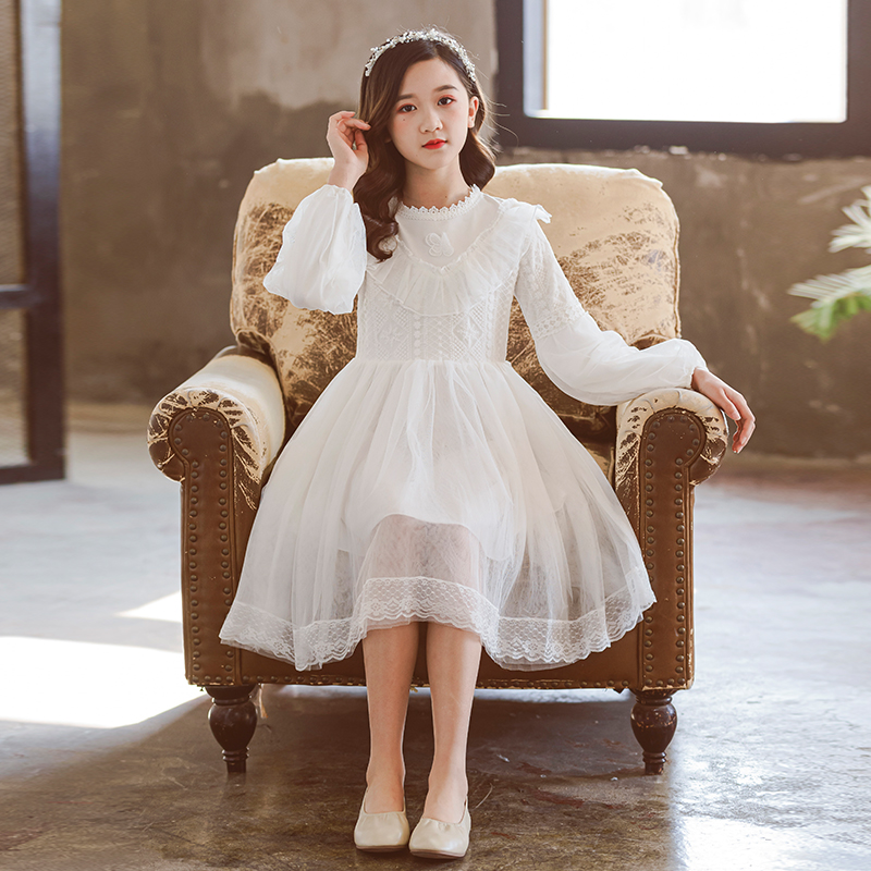 Girls' white dress spring and autumn 2022 new girl's fluffy gauze dress in the big children's lace princess dress Western style