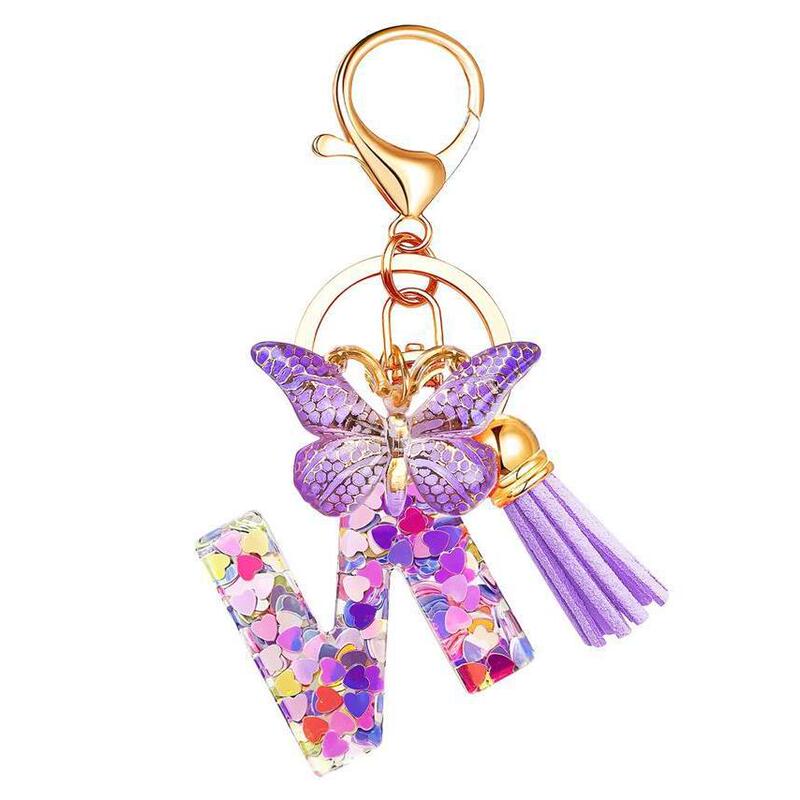 Butterfly Keychain with Tassel, Resin Pink Letter Keychain, Cute Initial Letter Keychain 26