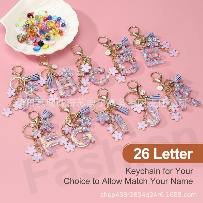 New Resin 26-Letter English Alphabet Keychain Tassel Flower Letter Tag Pendant Key Bag Accessory