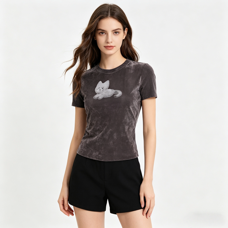 Shopping Mall Same Style T-Shirt for Women 2026 Summer New Cute Pet Kitten Print Solid Color Round Neck Slim Short-Sleeved Top Shopping Mall Same Style T-Shirt for Women 2026 Summer New Cute Pet Kitten Print Solid Color Round Neck Slim Short-Sleeved Top