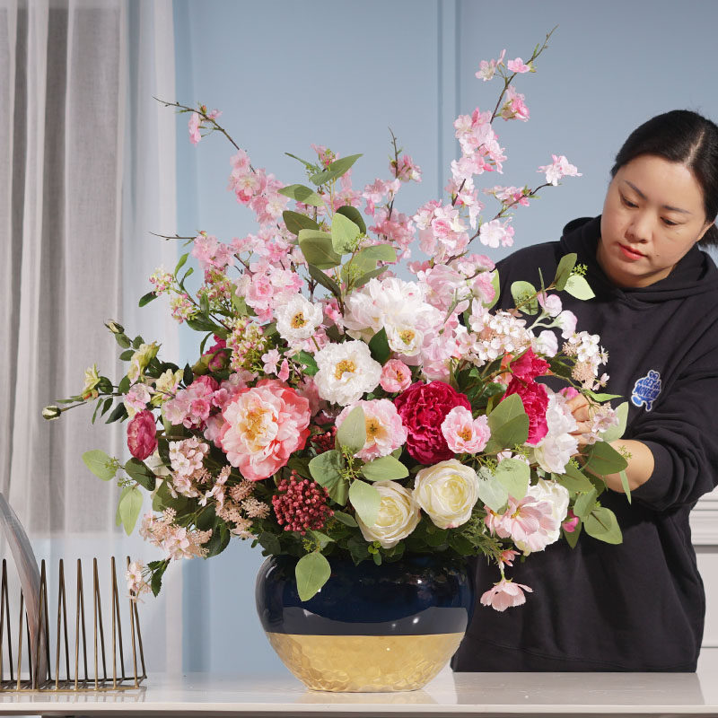 High-end large-scale simulation flower art peony fake flower light luxury decoration living room flower stand silk flower hotel front desk store decoration