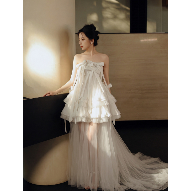 Minority Dress White Strapless Bow Tie Engagement and Marriage Registration Dress Sleeveless Dreamy Dress for Women