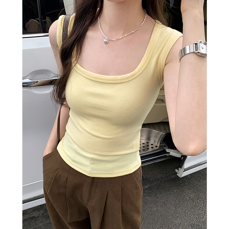 Square-Neck Slim-Fit Cream Yellow Tank Top for Women, Suitable for Summer, Can Be Worn as Outerwear, Sleeveless T-Shirt, Camisole, Base Layer, Short Top