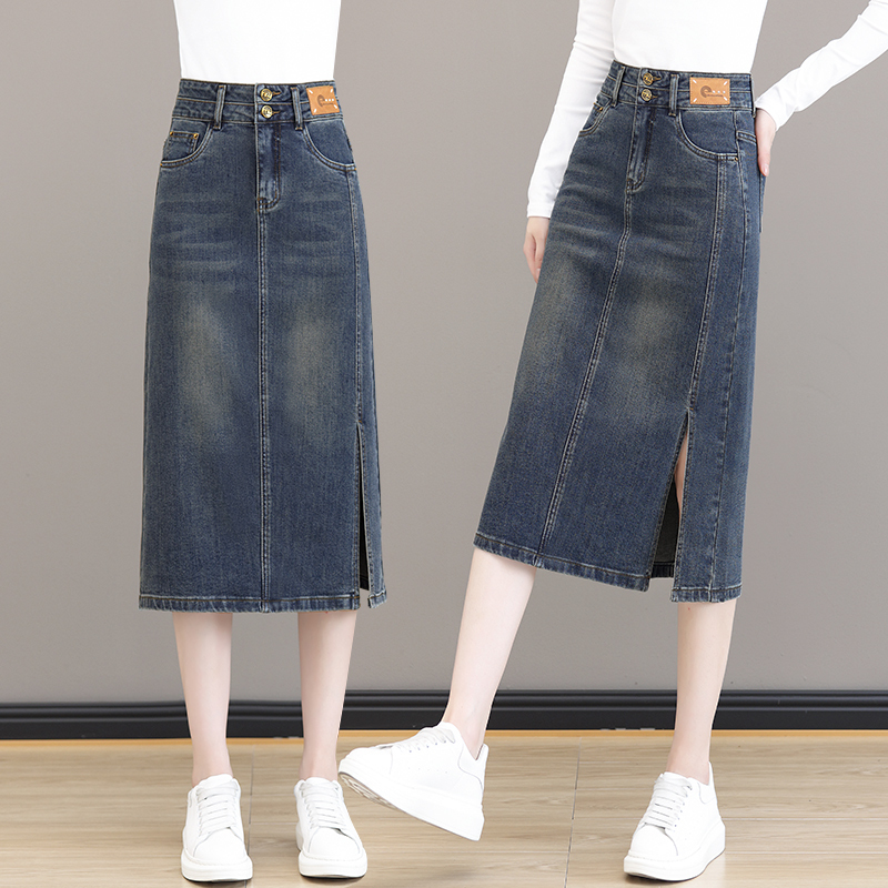 Denim Skirt for Women, 2026 Spring and Autumn New High-Waisted Vintage Retro Mid-Length Slit Pencil Skirt