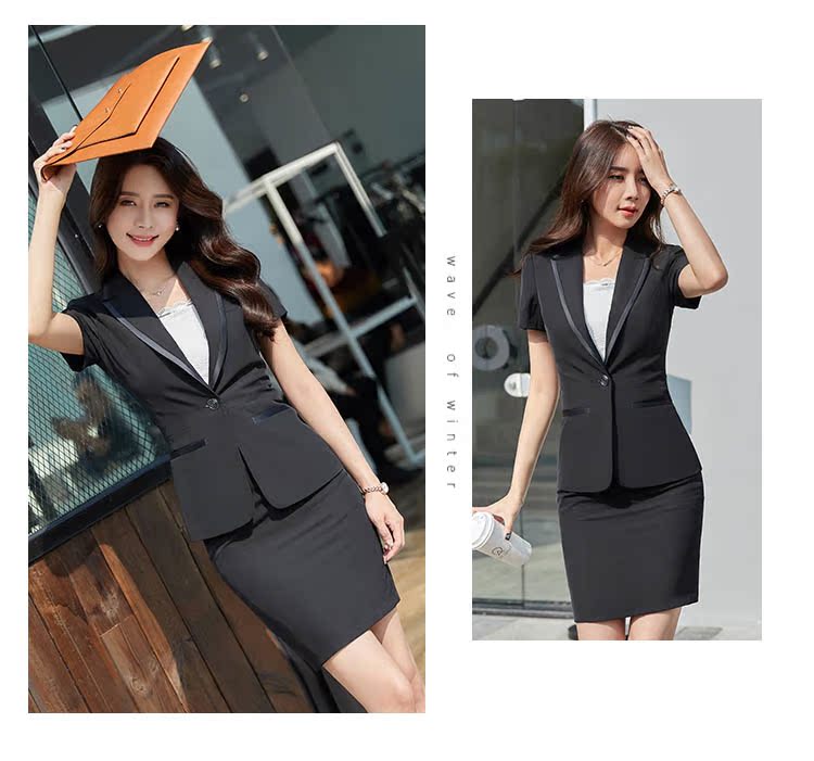 [Tang Shishi] Quần áo nữ ngắn tay ngắn Slim váy chuyên nghiệp phù hợp với đồng phục màu đen - Bộ đồ đồ bộ mặc nhà bằng vải thun