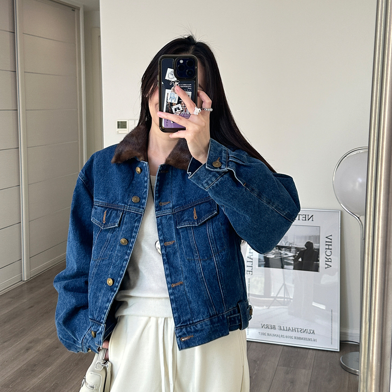 Han Youmeng Off-Shoulder Silhouette Short Denim Jacket Goose down Coat with Mink Fur Collar 2025 Winter New Casual Women's Style