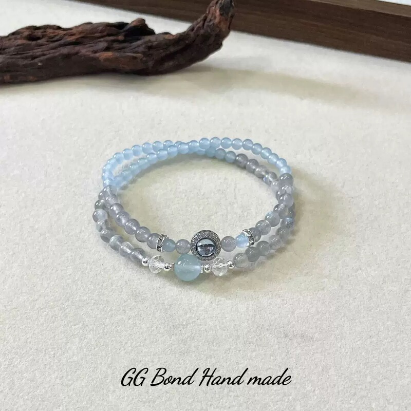 【Chuji】Natural White Crystal Gray Moonlight Aquamarine Double-Circle Bracelet for Women, Soothing Mood Blue Chalcedony Bracelet