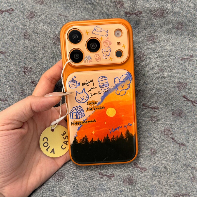 Korean-Style Ins Electroplated Cute Hand-Painted Cat and Dog Sunset Moment Phone Case Suitable for iPhone 17 Pro Max, New Apple 15 Pro, 14 Large Window Design, 13 Women's Model, 16 Shockproof, 15 Protective Case