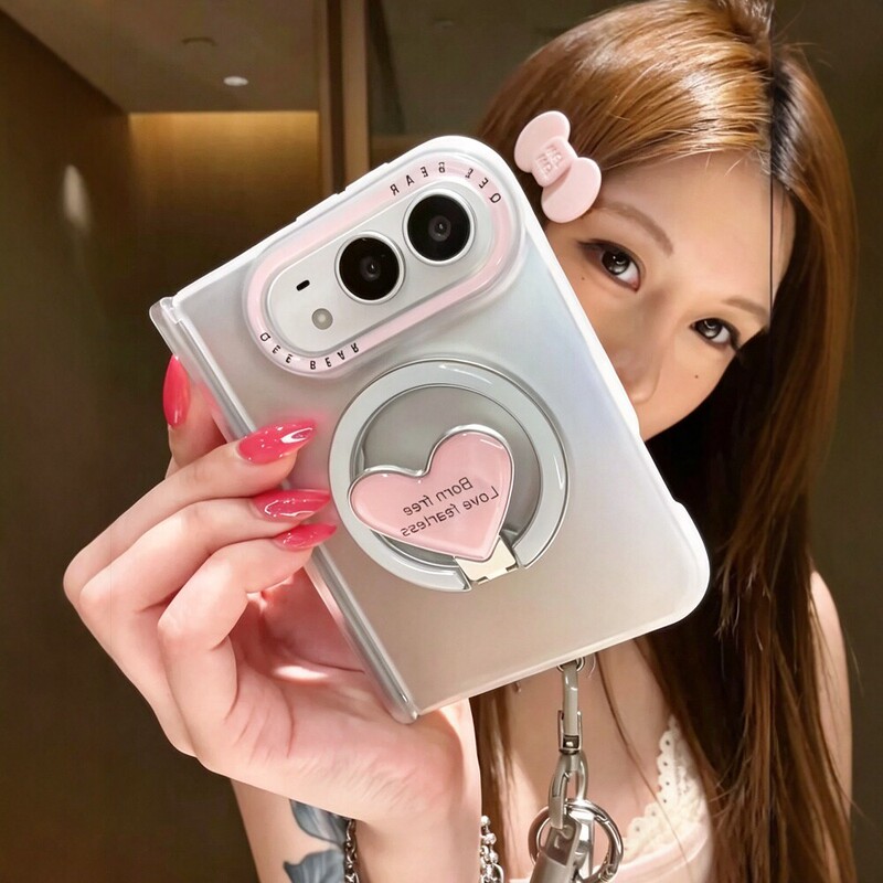 Korea ins Electroplated Silver English Letter Heart Folding Stand with Pendant Suitable for iPhone Duo Phone Case Folding Screen Pura X View Center Axis Huawei Puraxmax Protective Case