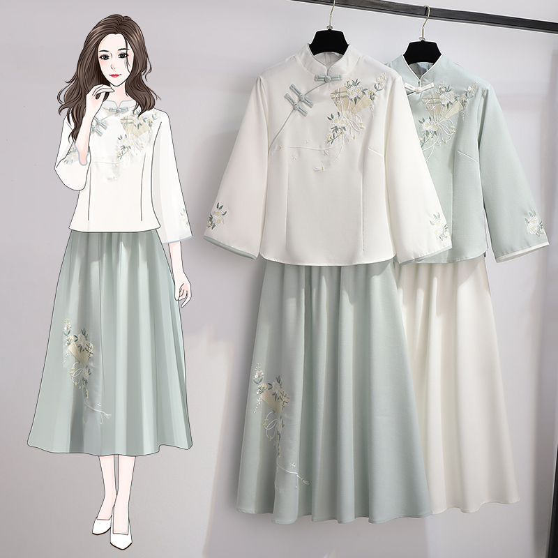 Chinese Style Women's Fashion, Republic of China Style Small Dress, Autumn and Summer Mid-Sleeve Cotton and Linen Embroidered Tang Suit, Student Hanfu, Tea Dress