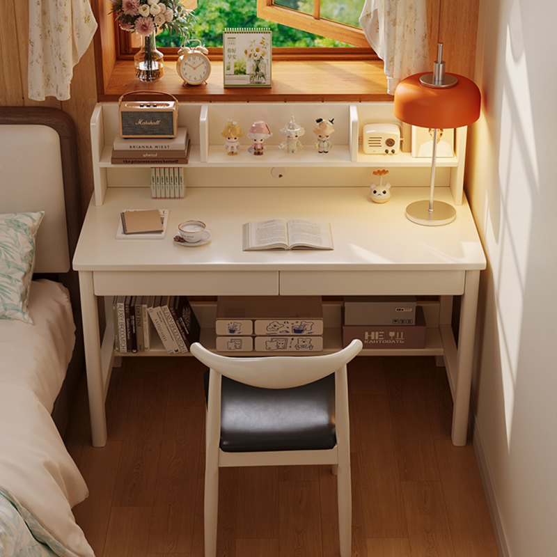 Cream-Style White Desk and Bookshelf Integrated Children's Study Table Bedroom Bedside Girls' Makeup Computer Office Desk