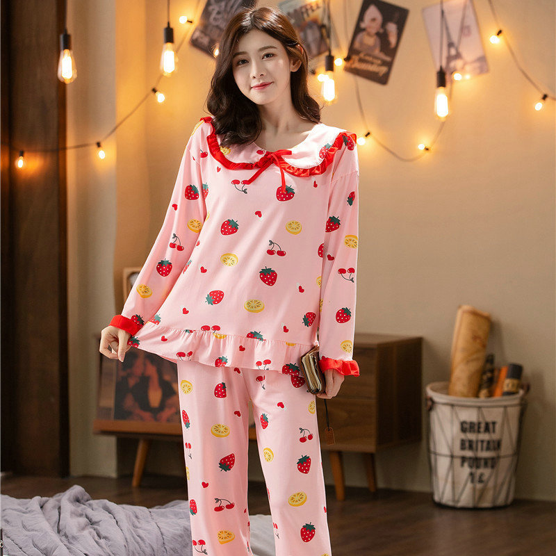 Sweet Princess Style Long-Sleeved Pajamas for Women, Spring and Autumn Style, Ruffled Doll Collar, Korean Style, Cute Student Home Wear Set