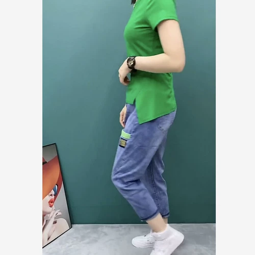 Джинсы, тонкие приталенные штаны для отдыха, оверсайз, большой размер, высокая талия, с вышивкой