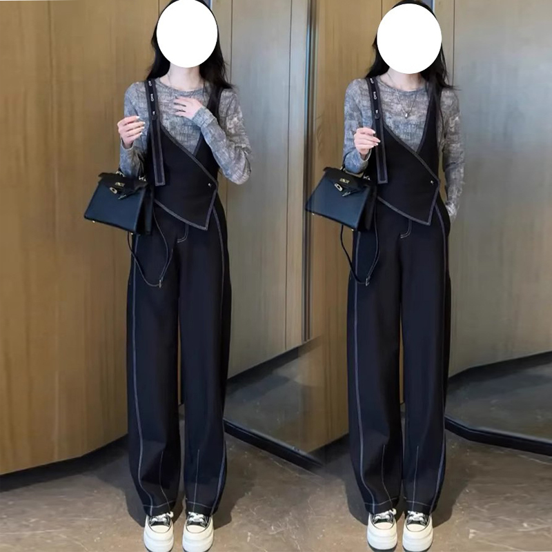 Spring Tie-Dye Thin Top + Heavy-Duty Designer Double Shoulder Strap Cool and Stylish Solid Color Slimming Jumpsuit Set Trendy