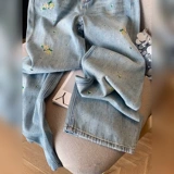 Джинсовые летние штаны, высокая талия, в цветочек, с вышивкой, свободный прямой крой