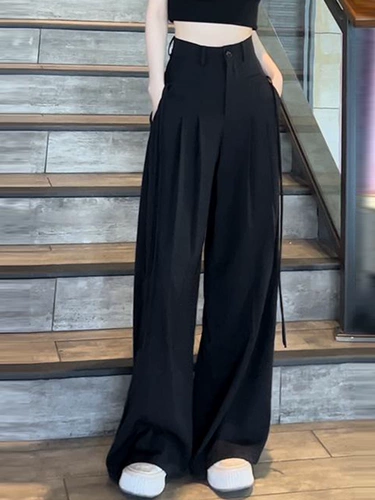 Ремень, костюм, летние штаны для отдыха, в корейском стиле, высокая талия, свободный прямой крой