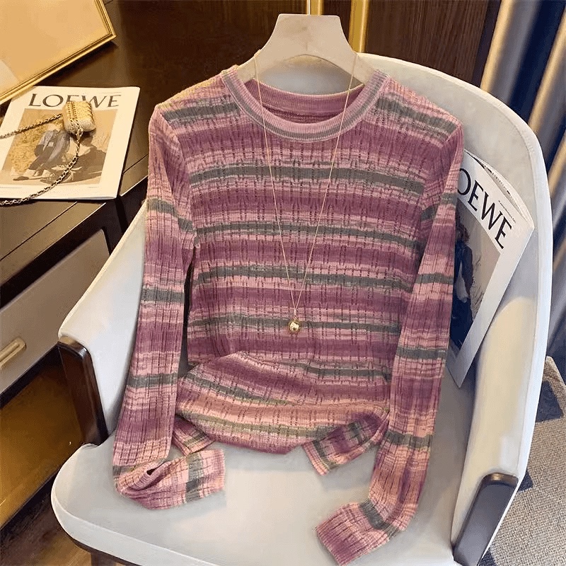 Hollow-Out Striped Soft Sweater for Women 2025 Early Autumn Gentle Salt-Style Retro Design Niche Knitwear Trendy