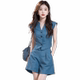 Summer wear with a complete set of blue V-neck solid-color sleeveless vest shorts style set that is popular this year