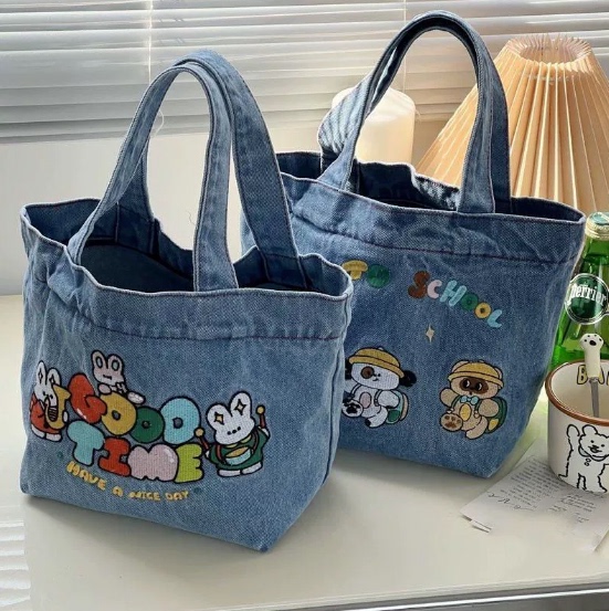 Japanese-Style Cartoon Embroidered Washed Denim Large-Capacity Tote Bag, Cute Student Handbag, Bucket Lunch Box Bag Japanese-Style Cartoon Embroidered Washed Denim Large-Capacity Tote Bag, Cute Student Handbag, Bucket Lunch Box Bag