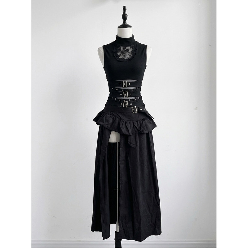 Black Gothic Style Vintage Cool Sleeveless Design Slimming Waist Top High-Waisted Slit Long Skirt Two-Piece Set