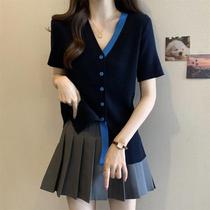 Large size contrasting color v-neck knitted short-sleeved T-shirt for women in summer fat mm giant slimming belly cover fake two-piece straight shoulder ice silk top