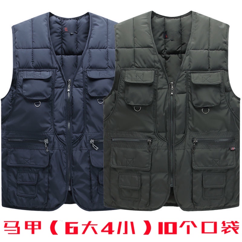 Winter down cotton vest men's fishing multi-pocket thick cotton waistless sleeveless warm cotton vest middle-aged men's