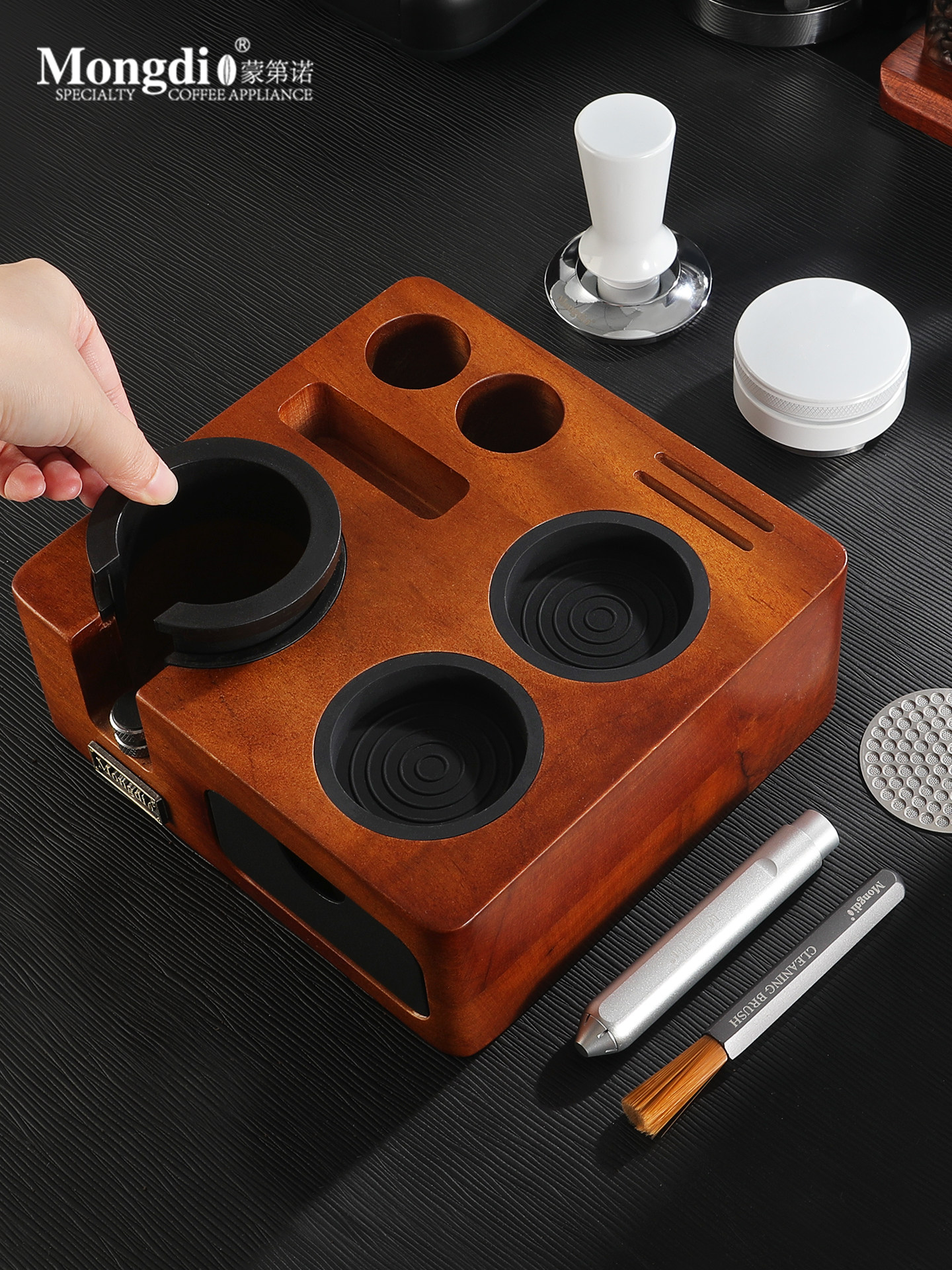 Mongdio Coffee Tamper Base, Powder Distributor, Tamper Three-Piece Set, Powder Hammer, Coffee Machine Accessories and Tools Complete Set