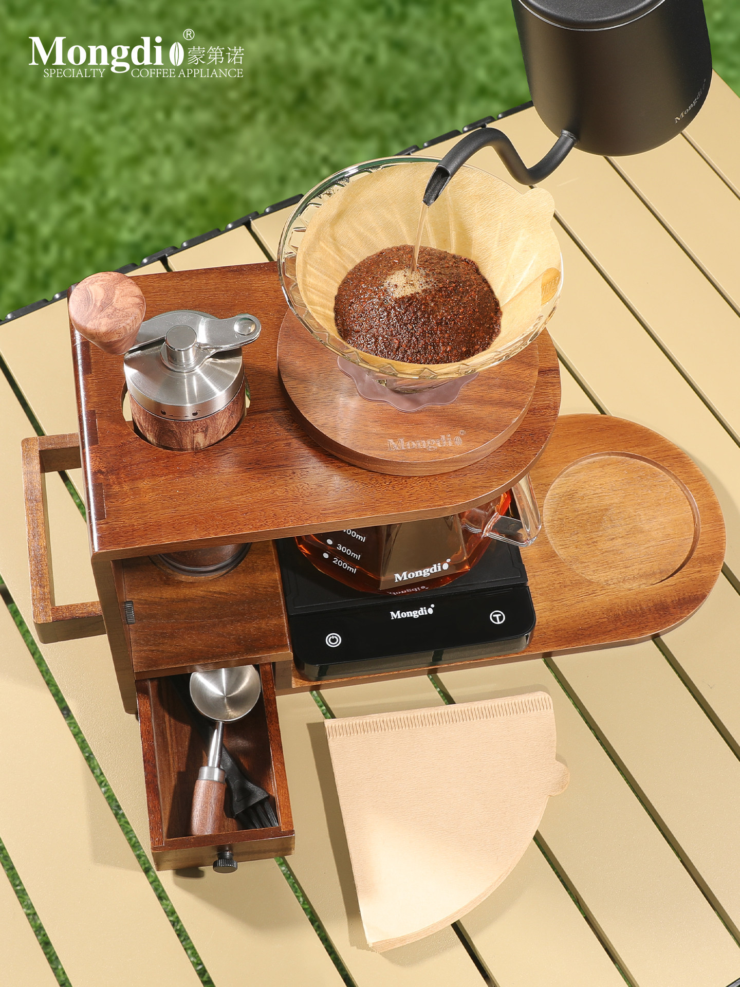 Mongdio Hand-Brewed Coffee Pot Set, Hand-Grind Coffee Machine, Storage Wooden Stand, Coffee Hand-Brewed Pot, Coffee Utensils