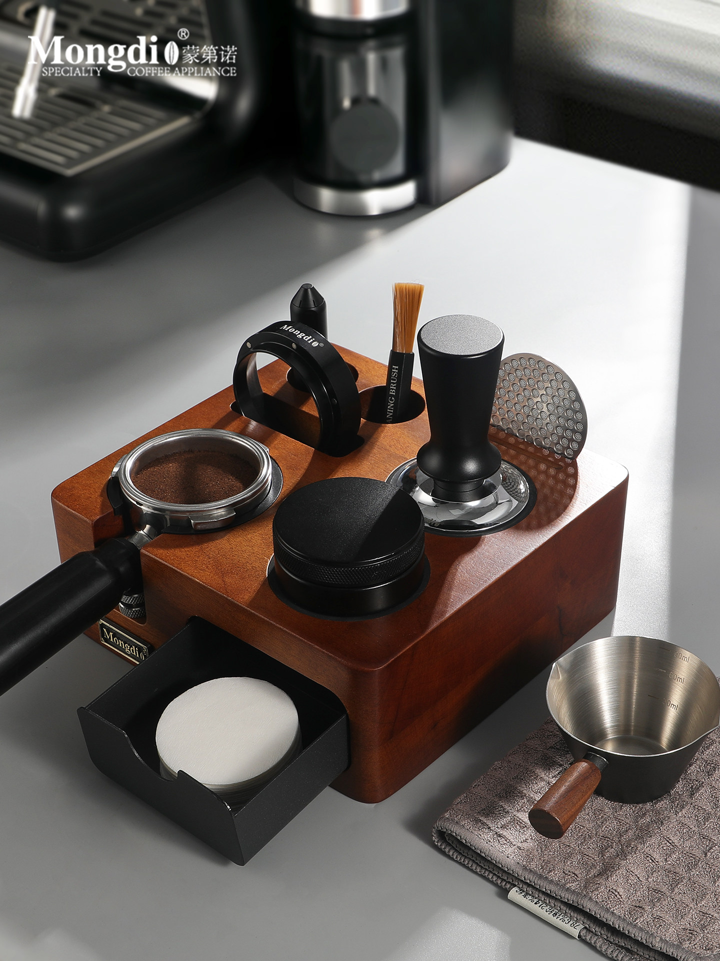 Mongdio Coffee Tamper Base Walnut Wood Espresso Tools Full Set Tamper Tamping Hammer