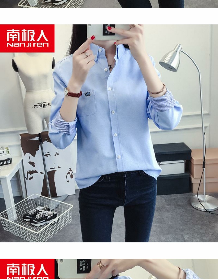 Nam Cực 2018 thu đông mới áo sơ mi cotton thêu cá voi nhỏ phiên bản Hàn Quốc nhỏ bé tay dài hoang dã hoang dã những mẫu áo sơ mi đẹp