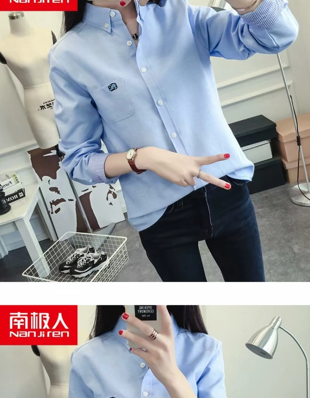 Nam Cực 2018 thu đông mới áo sơ mi cotton thêu cá voi nhỏ phiên bản Hàn Quốc nhỏ bé tay dài hoang dã hoang dã áo sơ mi nữ dài tay thời trang	