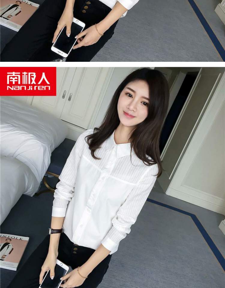 Nam Cực 2018 thu đông mới nhỏ khâu mới áo sơ mi dài tay phiên bản Hàn Quốc của cổ áo búp bê cotton nữ hoang dã áo sơ mi nữ dài tay cho người mậ