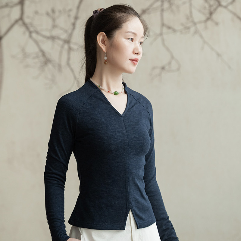 Moshang Huakai Original Orchid Lapel (Time Knows Taste) Cotton Knit Top Female V-Neck Slim Bottoming Shirt Thank You