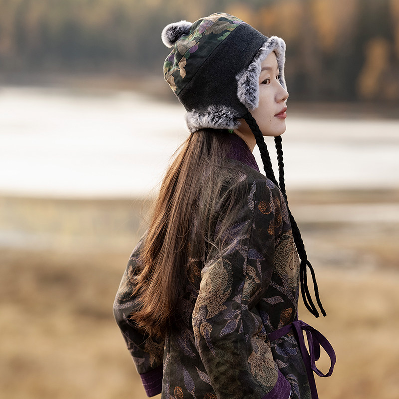 (Zhen Zhen) Mo Shang Hua Kai original silk fragrant cloud yarn with Rex rabbit fur snow cap fashion hat female