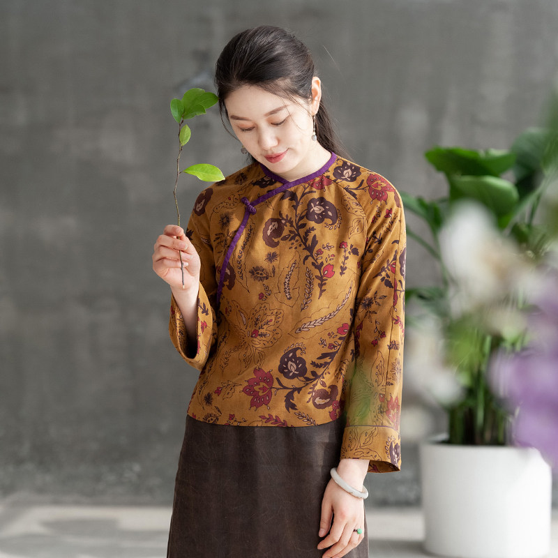 Moshang Huakai Original Design Orchid Lapel (Flower Bodhi) Silk Fragrant Cloud Yarn Long Sleeve Classical Chinese Short Top Women