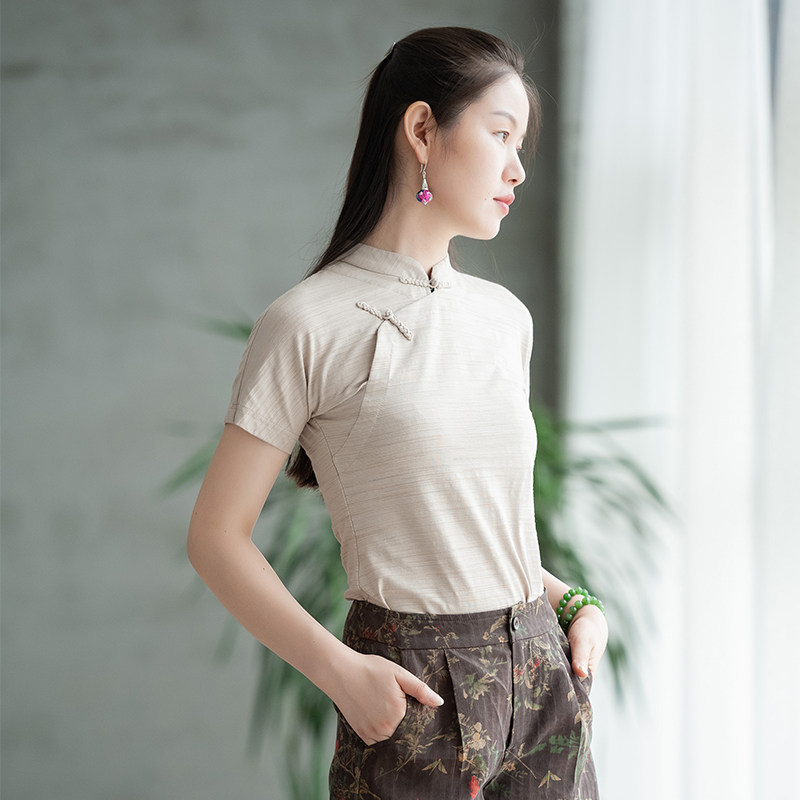 Strangeness flowers open lapis (Lanyue) Bamboo Festival Cotton Blouse Women Stand-up Retro T-Shirt 100 Lap Answer Shea