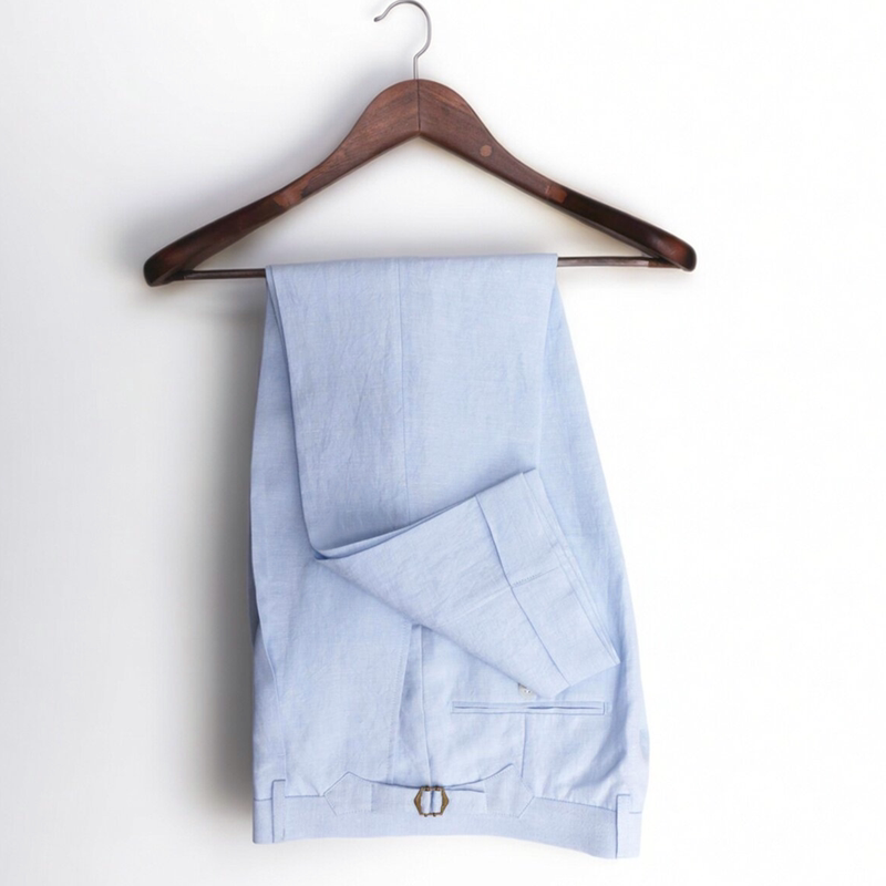 Sky Blue Linen Dress Pants for Men, Slim Fit, Naples Mid-Rise, Paris Button, Summer Business Versatile Cropped Pants