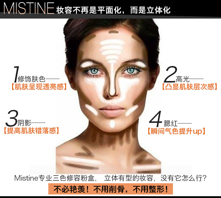 Thái Lan Mistine ba màu sửa chữa công suất bột phấn má màu hoàn chỉnh nổi bật bóng trang điểm ba trong một phấn highlight bắt sáng hàn quốc