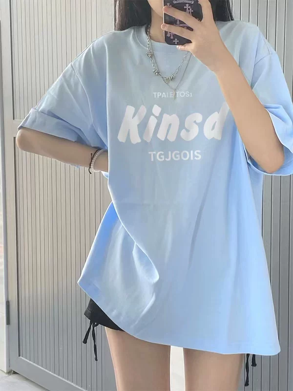 Синяя хлопковая ретро футболка с коротким рукавом, американский стиль, oversize
