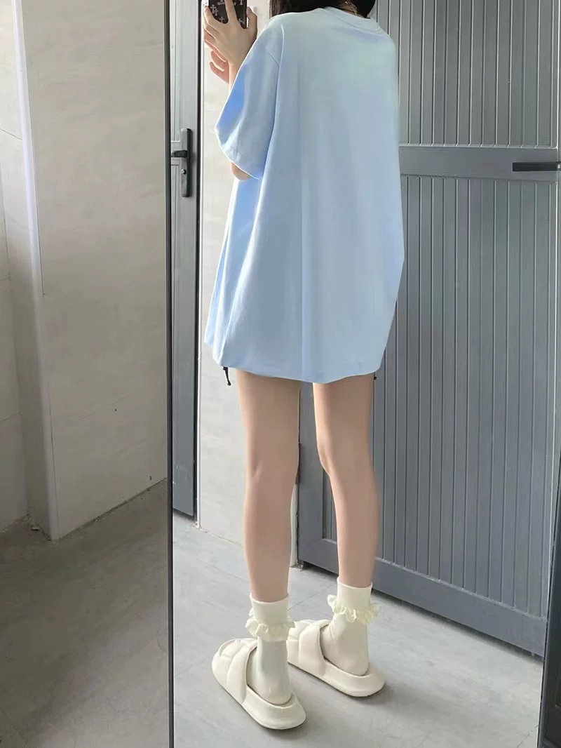 Синяя хлопковая ретро футболка с коротким рукавом, американский стиль, oversize