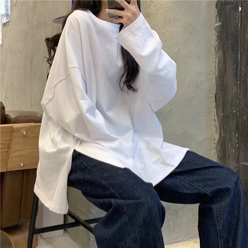 Hong Kong Style White Slit Long-Sleeve T-Shirt for Women, Autumn and Winter Loose-Fitting Base Shirt, Lazy Style Versatile Casual Top ins Trendy Hong Kong Style White Slit Long-Sleeve T-Shirt for Women, Autumn and Winter Loose-Fitting Base Shirt, Lazy Style Versatile Casual Top ins Trendy