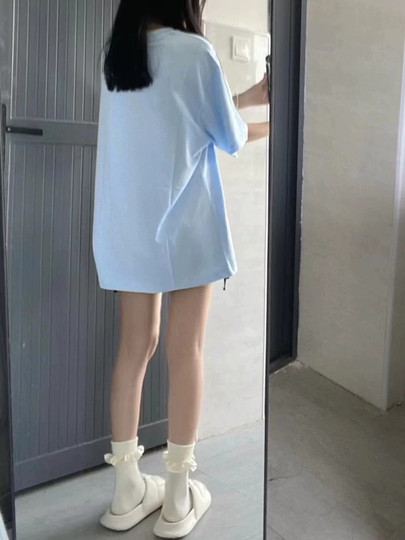 Синяя хлопковая ретро футболка с коротким рукавом, американский стиль, oversize
